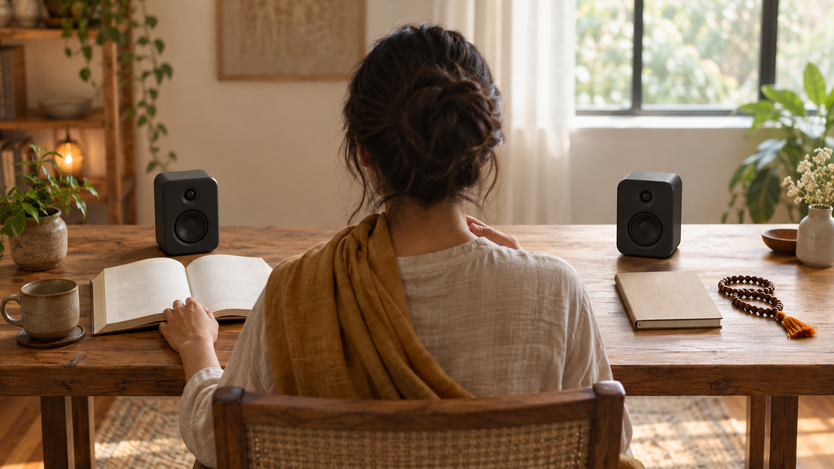 A thoughtful listener sits between two speakers at a table holding an open scripture, a notebook, and prayer beads.