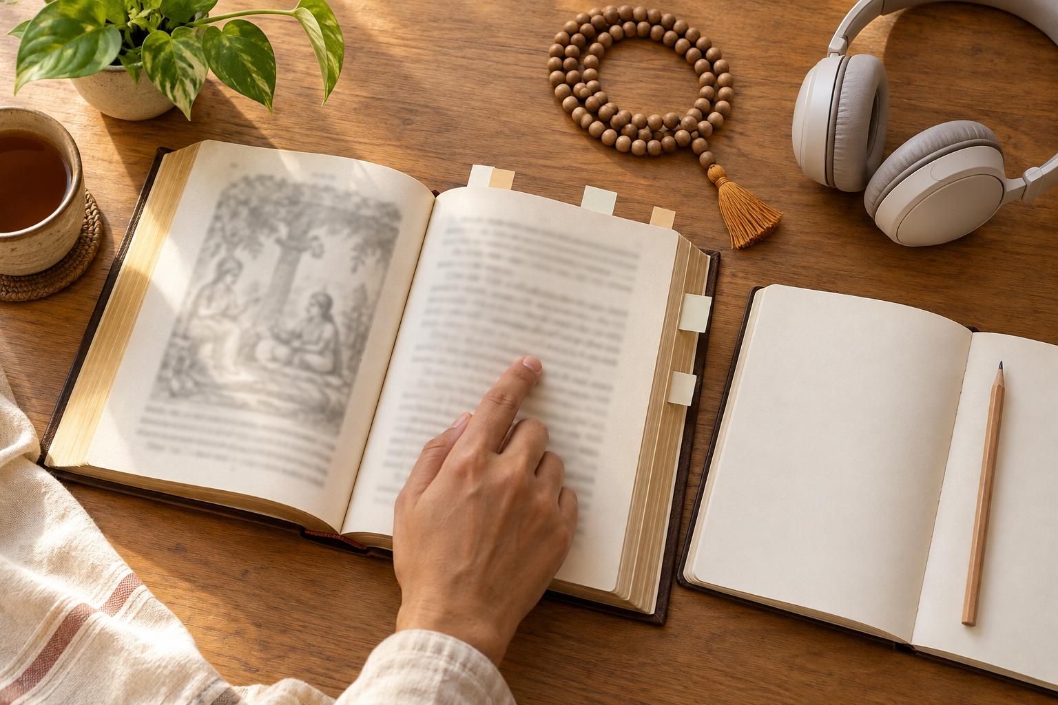 A hand follows a passage in an open scripture beside blank notes, a pencil, japa beads, and headphones.
