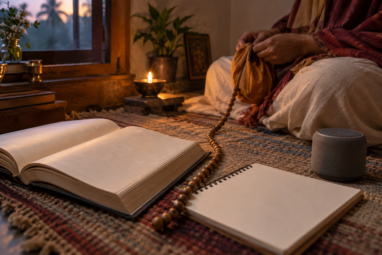 An open scripture and notebook sit near a speaker while a practitioner meditates with prayer beads beside a glowing oil lamp.