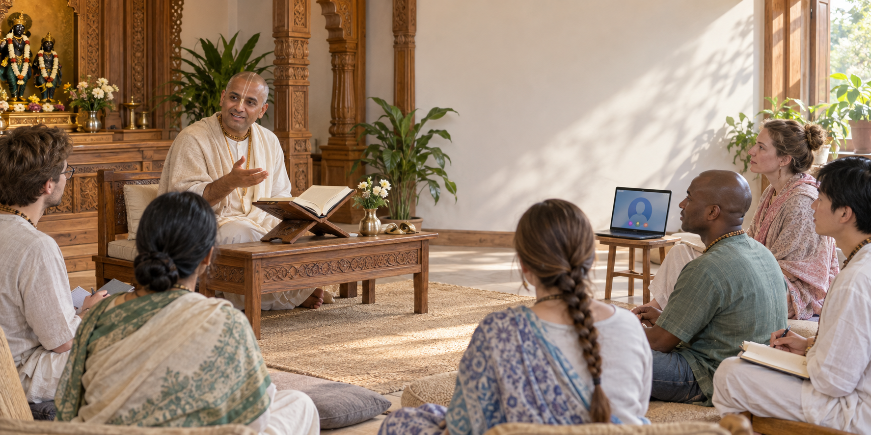 Adults attend a Vaishnava scripture class in a sunlit temple hall while another participant joins through a laptop.