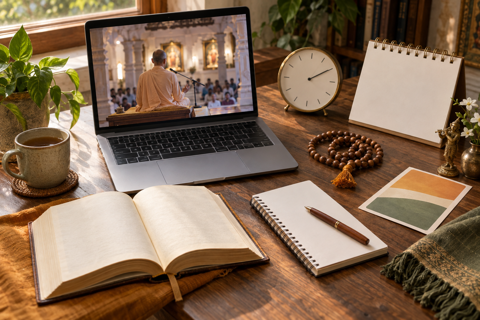 A laptop showing a recorded temple class sits beside an open scripture, prayer beads, a clock, and a blank calendar.
