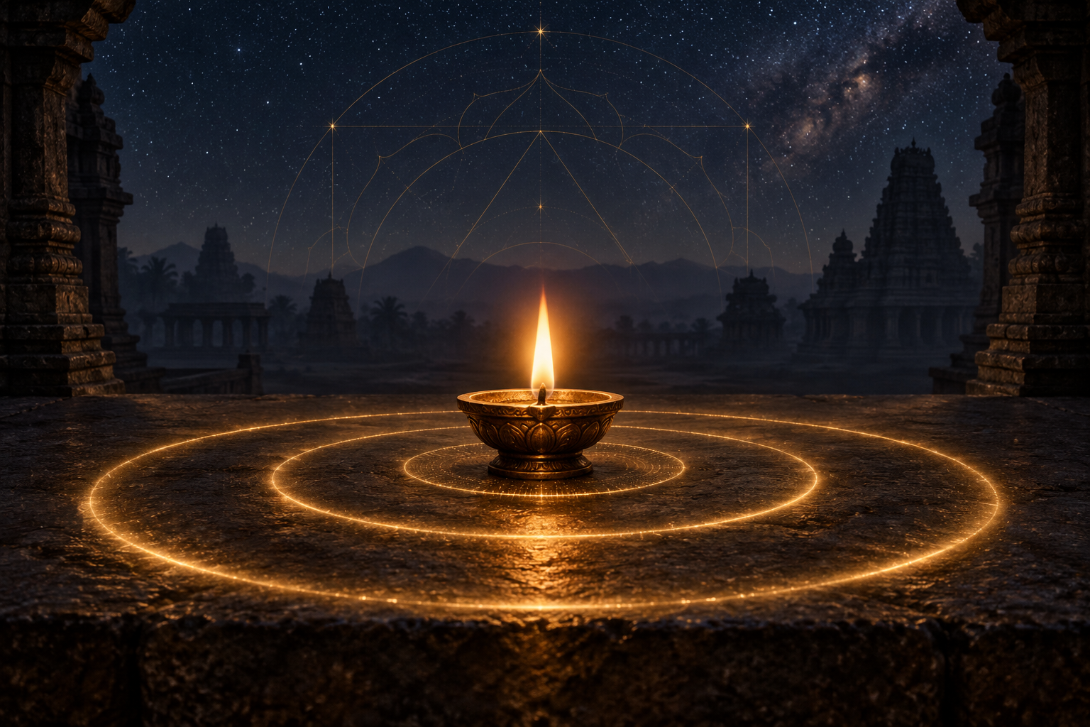A bronze oil lamp surrounded by three nested golden light ripples against a dark, starry background.