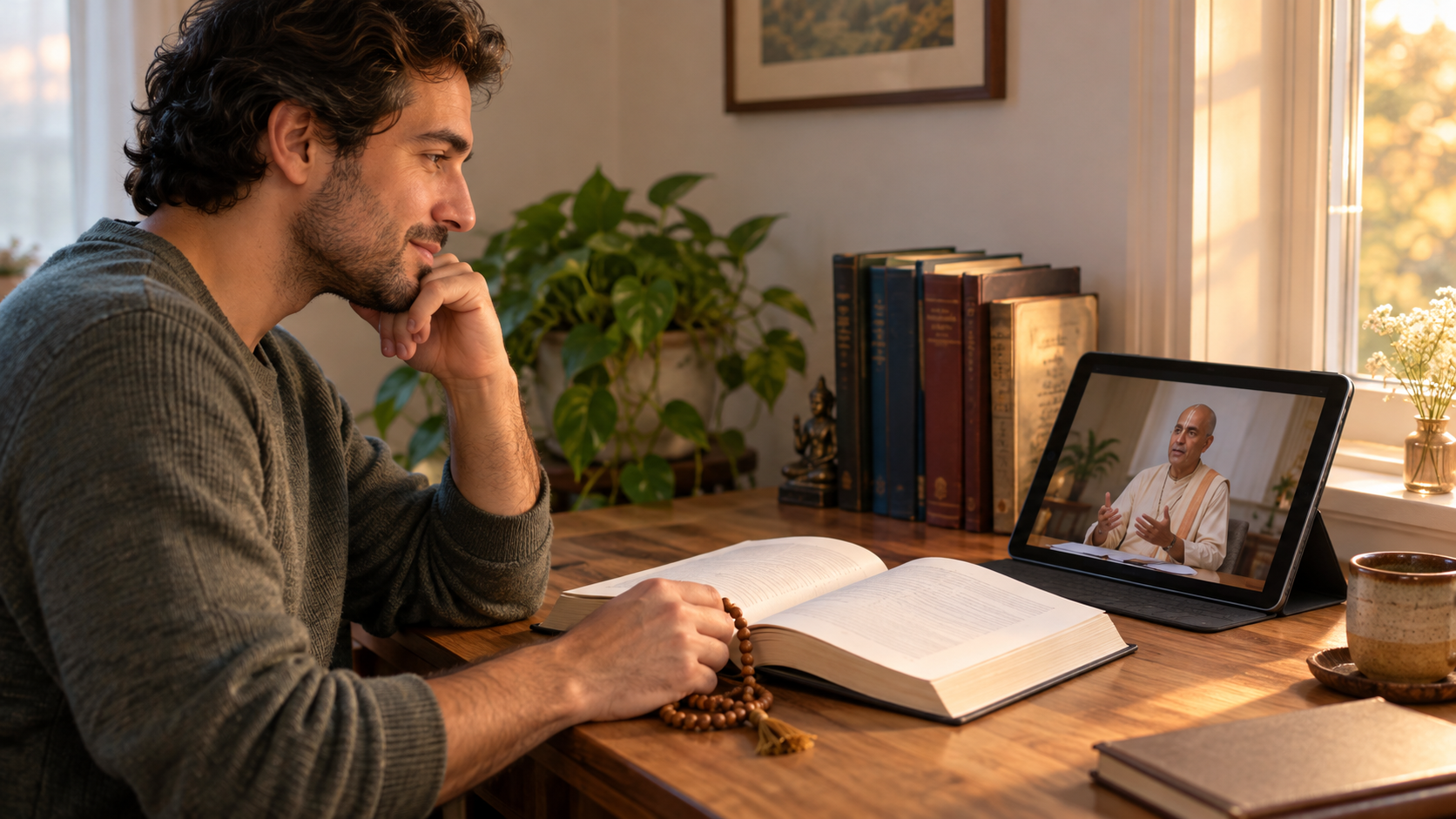 A student listens to a scripture class on a tablet while consulting an open sacred book, reference volumes, and prayer beads.