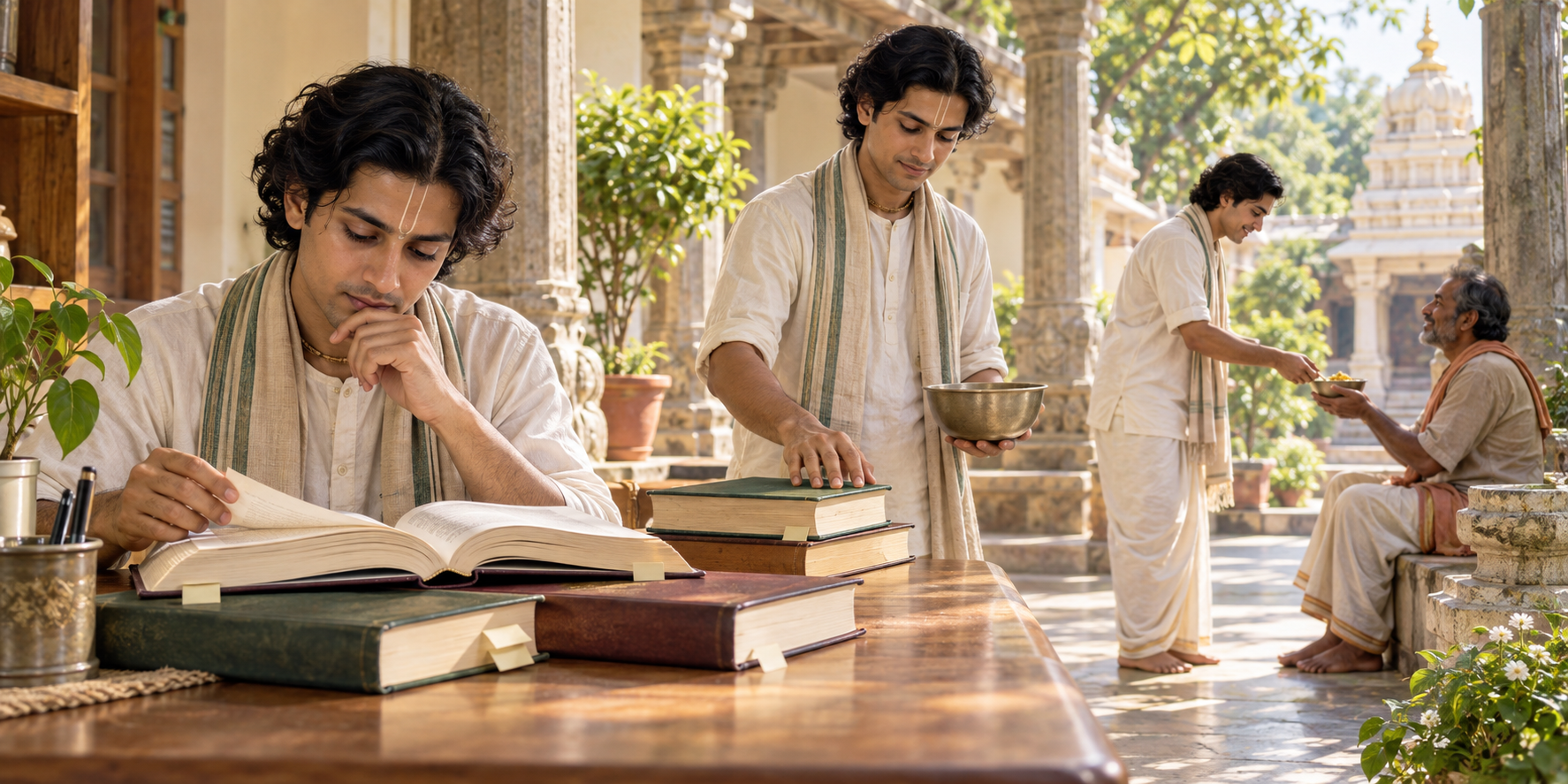 A student checks a teaching against several books and then carries a serving bowl to another person in a temple courtyard.