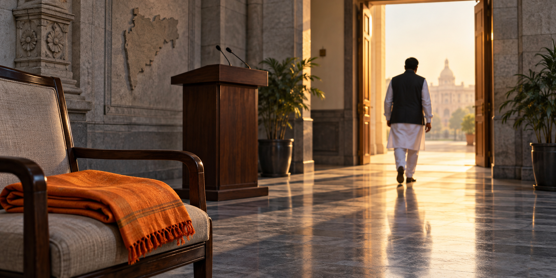 An unidentified political spokesperson walks away from an empty lectern as a saffron-colored shawl rests on a vacant chair in a government corridor.