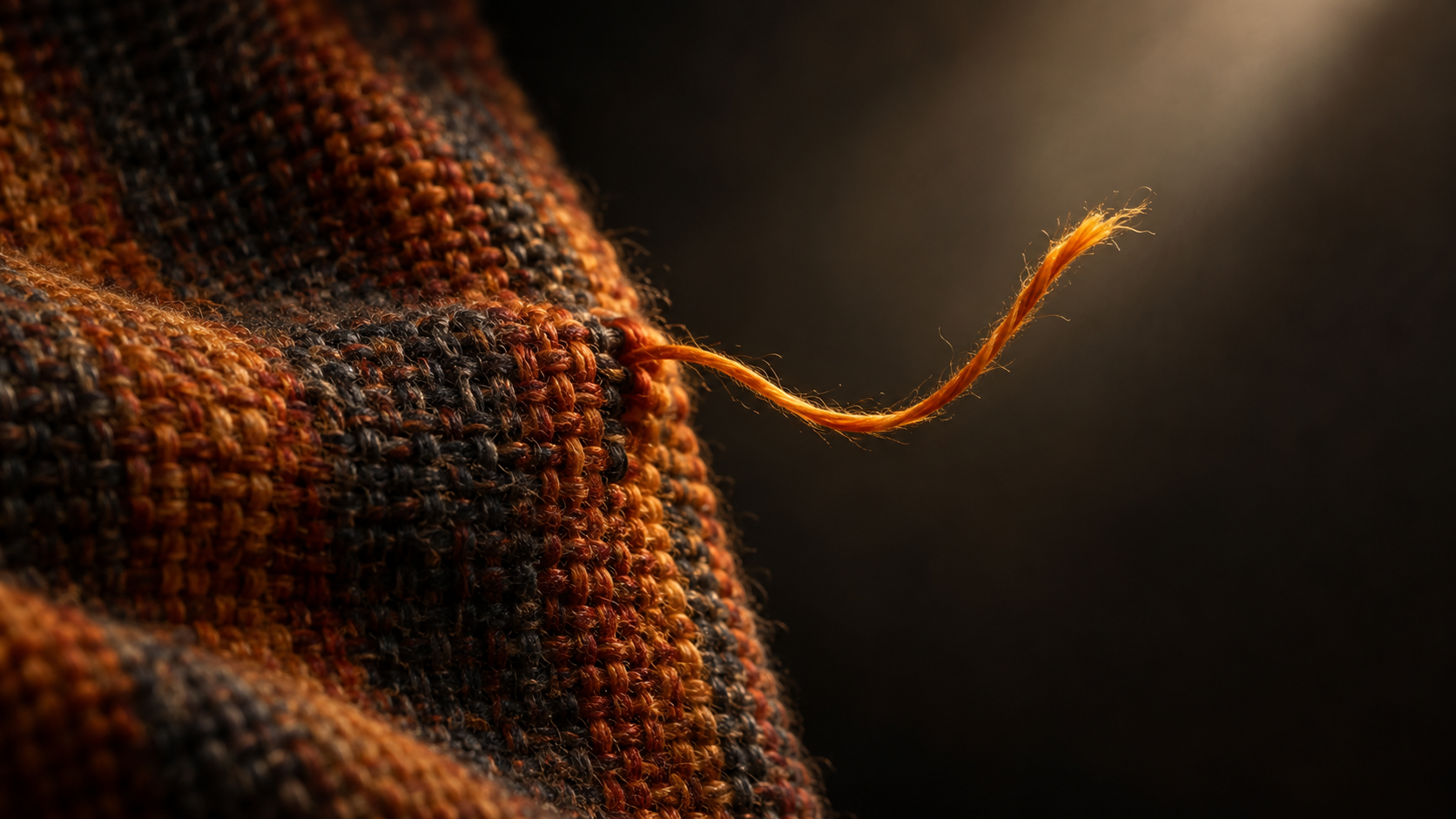 A saffron thread separates from a larger orange and charcoal woven fabric that remains mostly intact.
