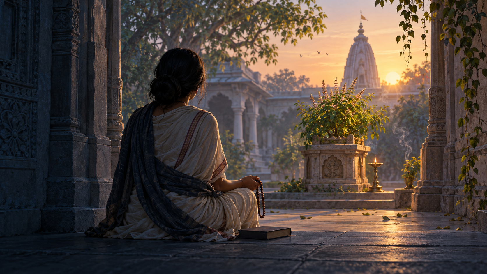 A woman with prayer beads sits at a temple courtyard threshold as dawn light illuminates a tulasi plant, brass lamp, carved pillars, and incense.