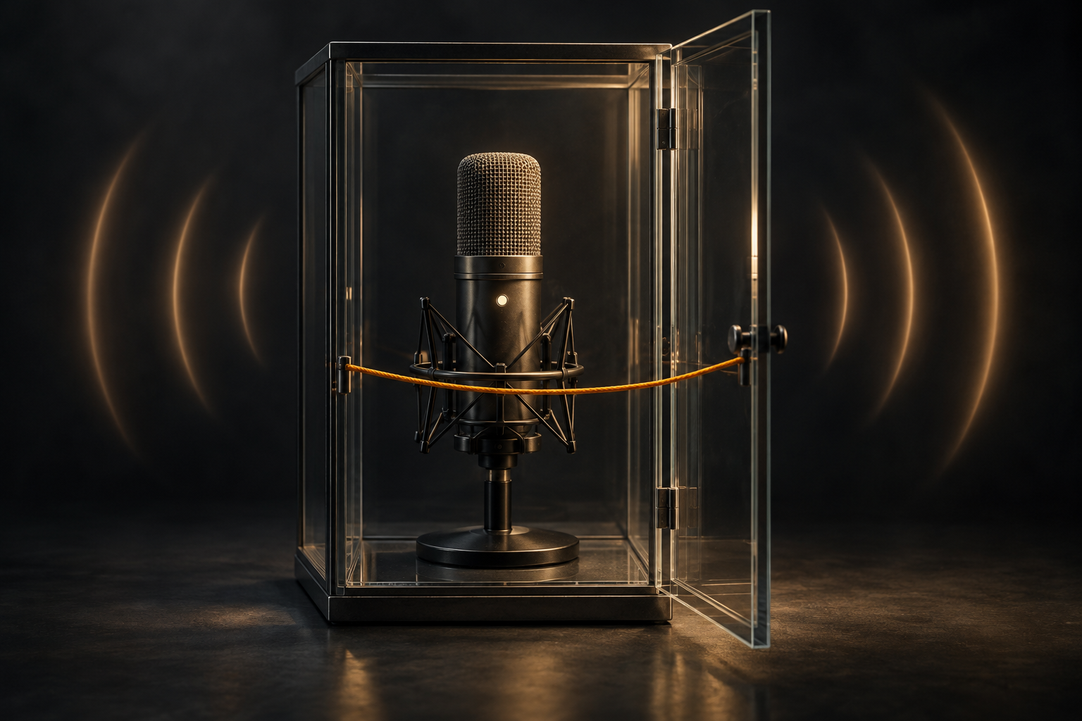 A lit microphone stands inside a clear glass enclosure with a saffron cord across its partly open door.