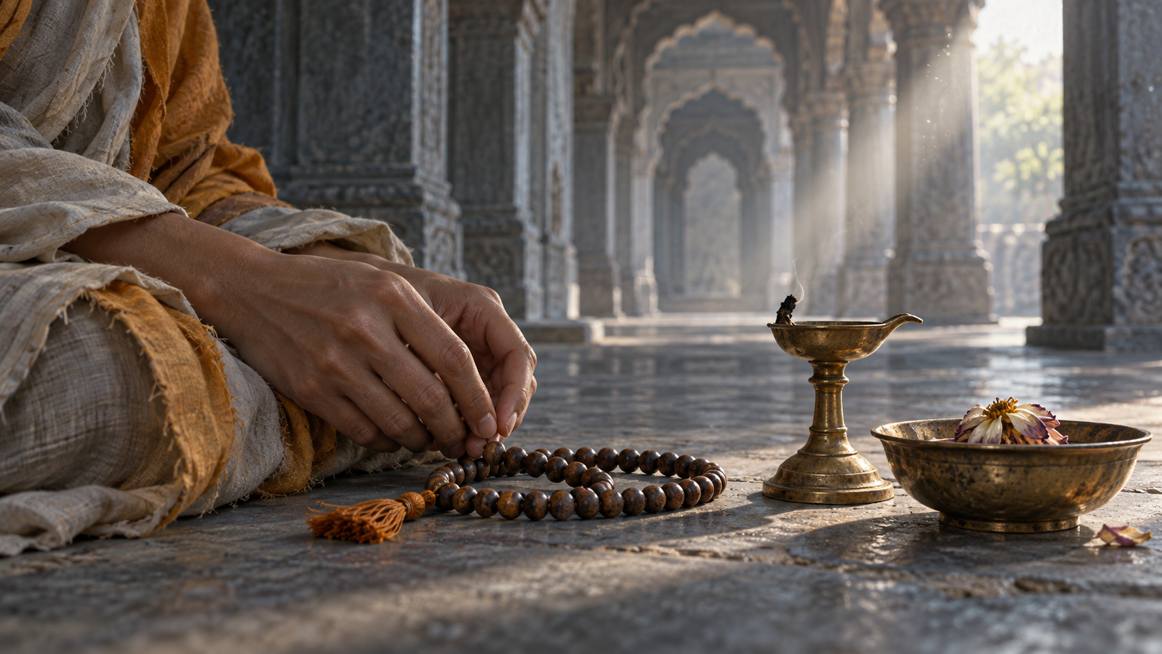 Hands pause above wooden prayer beads beside an extinguished brass lamp and a slightly wilted flower in a quiet temple corridor.