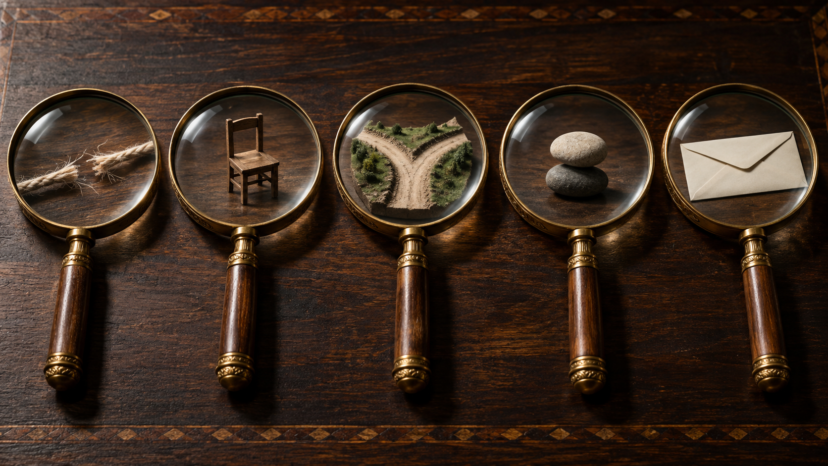 Five brass magnifying lenses examine symbolic objects arranged across a dark wooden desk.