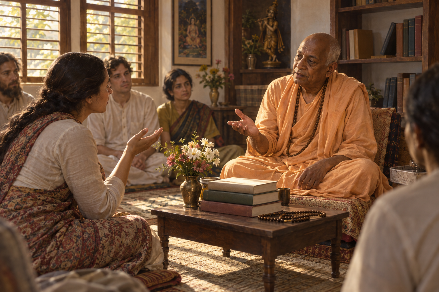 An elderly Vaishnava teacher speaks with an attentive woman disciple in a modest study room while several listeners sit nearby.