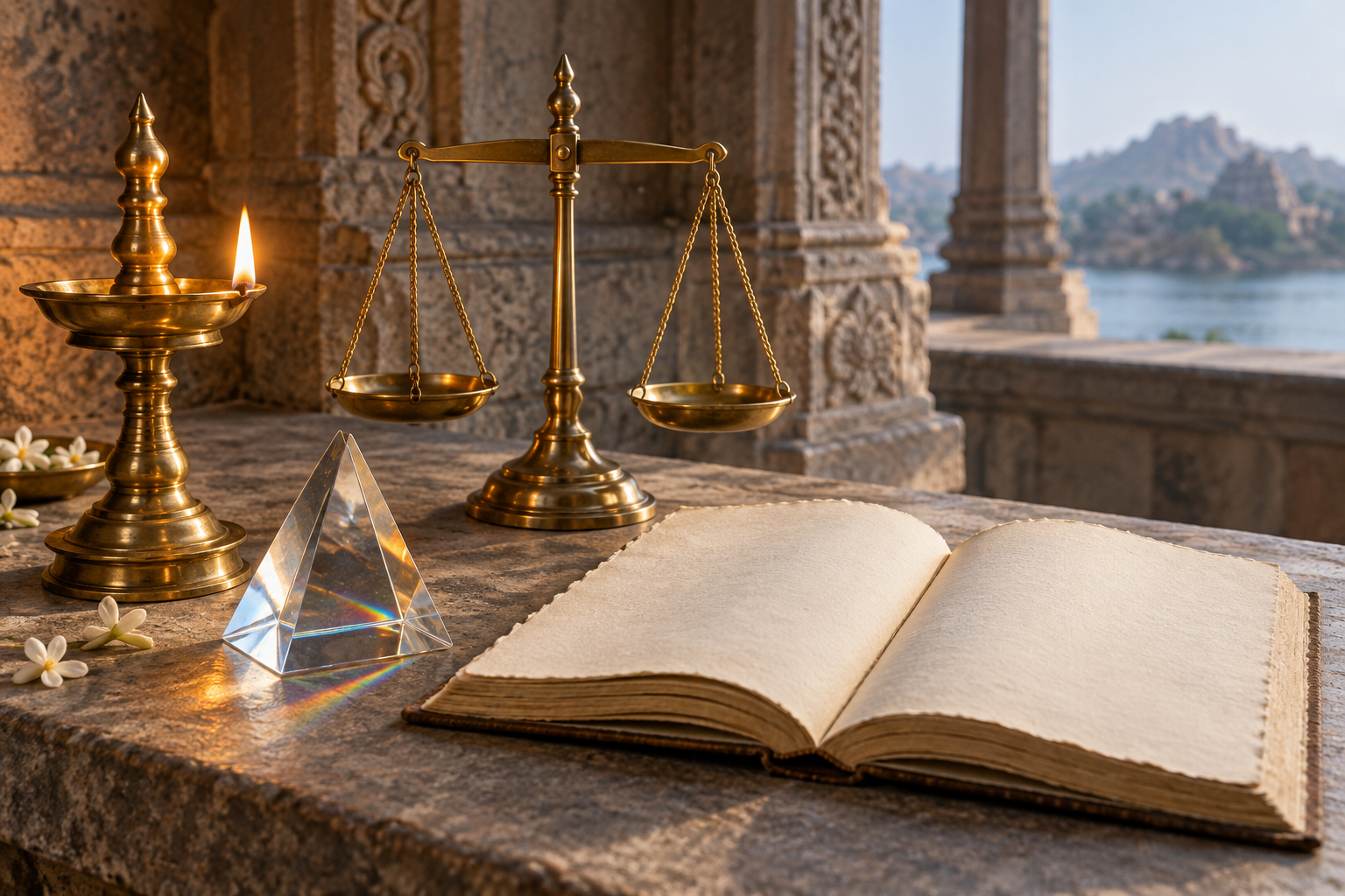 A burning brass oil lamp stands beside balanced scales, a clear prism, and an open blank book.