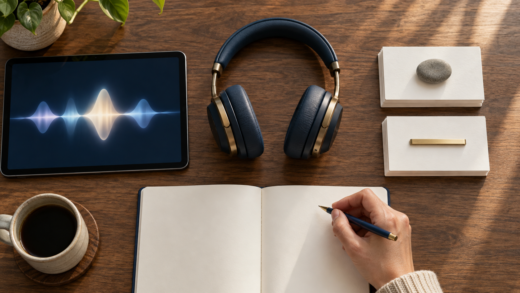 Headphones lie between an audio device and organized blank note cards on a sunlit wooden desk.