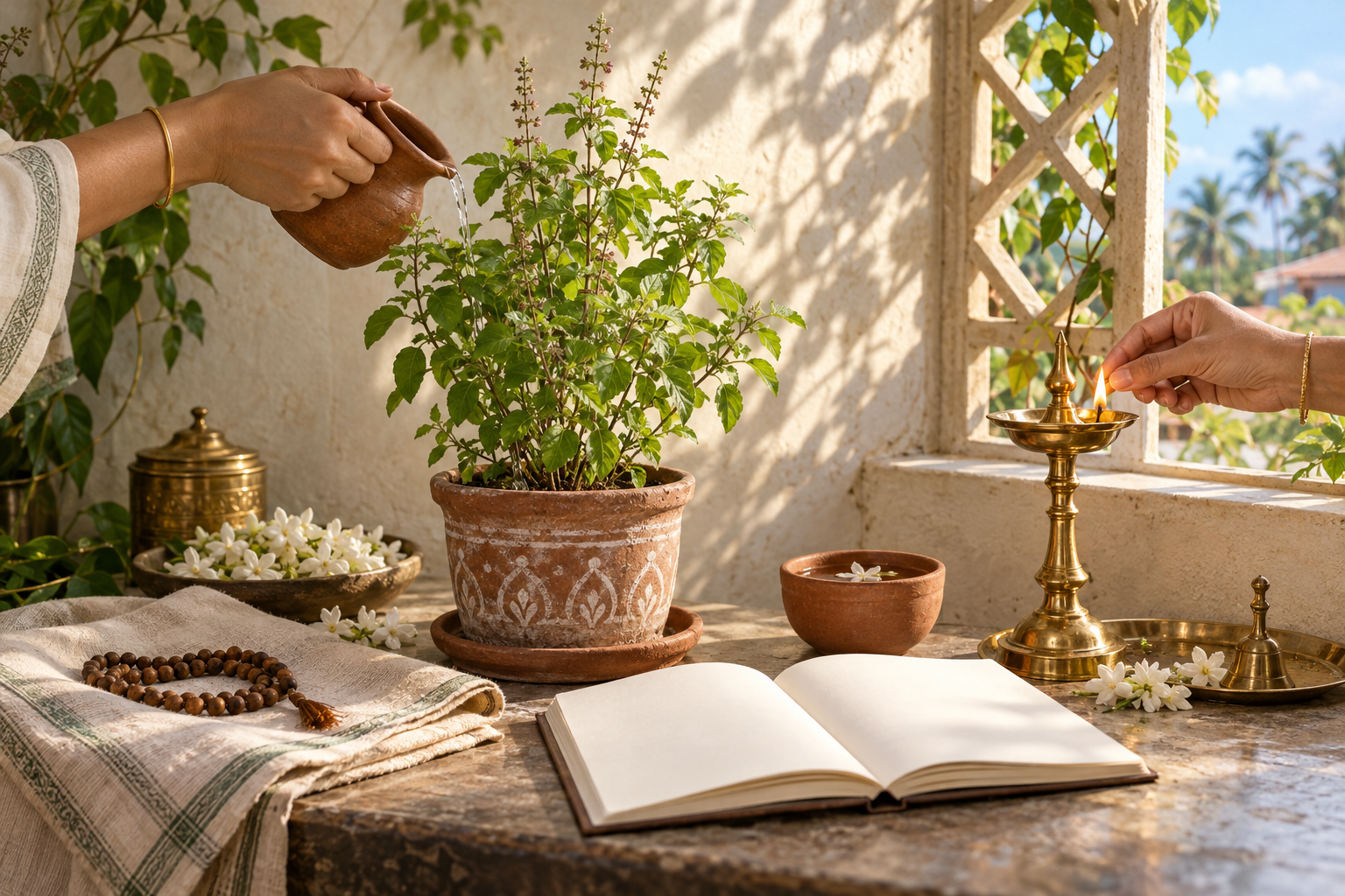 Hands water a tulasi plant and tend a brass lamp in a devotional corner with prayer beads, flowers, cloth, and an open blank book.