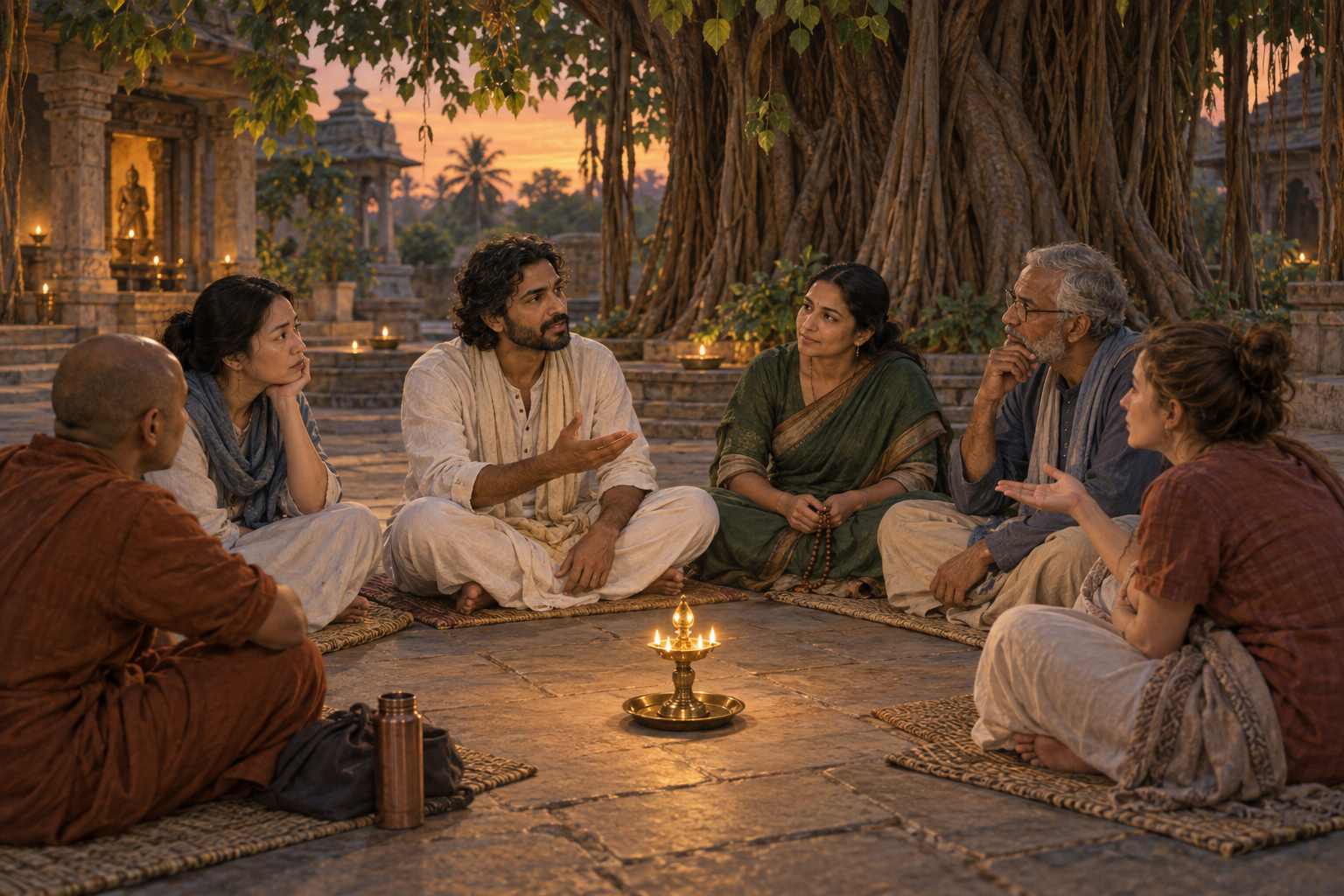 A small circle of adults listens and speaks beneath a banyan tree, with prayer beads and a brass lamp in the center of the gathering.