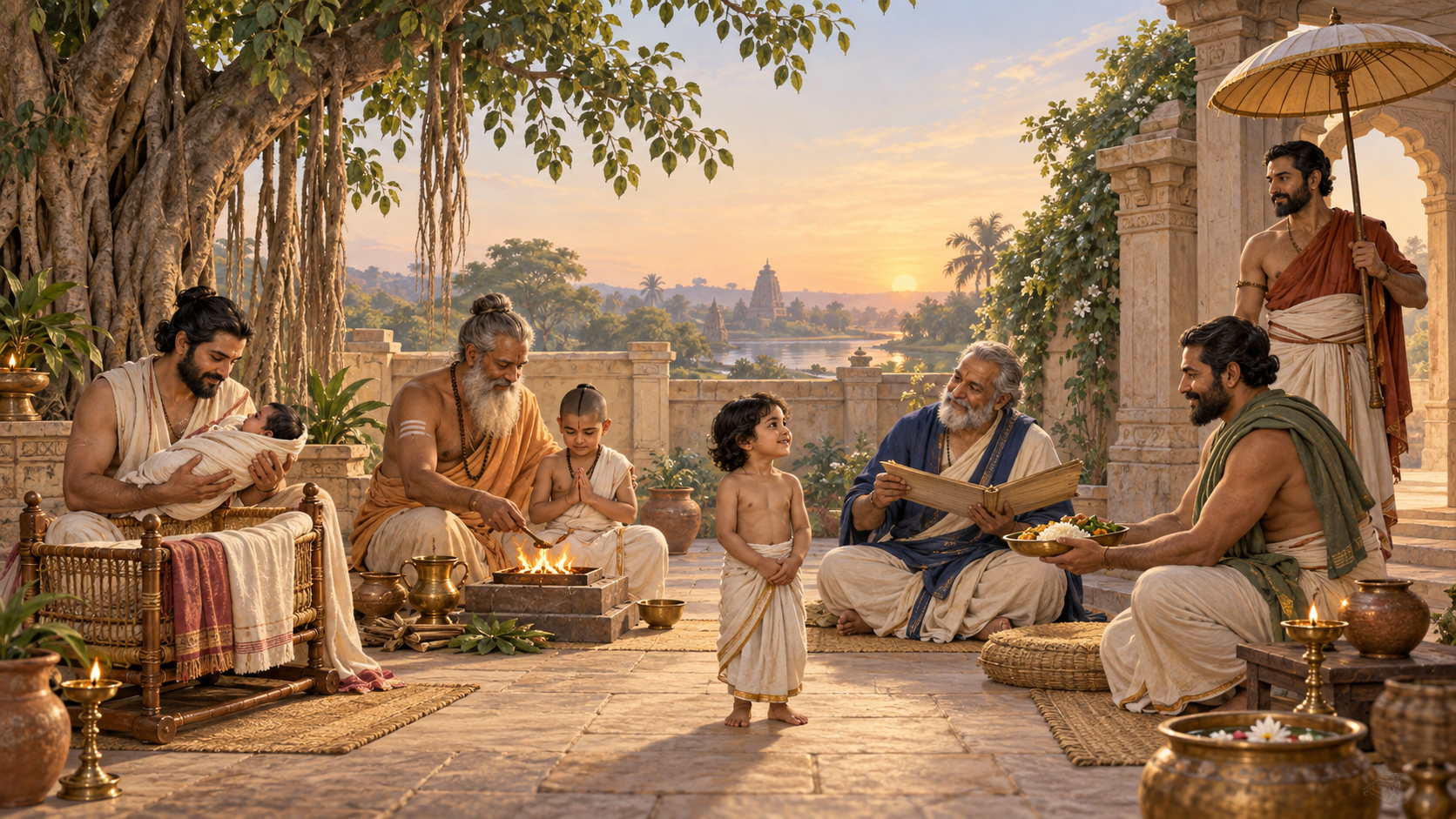 A child stands in an Indian courtyard surrounded by five paternal figures who welcome an infant, conduct a rite, teach, provide food, and offer protection.