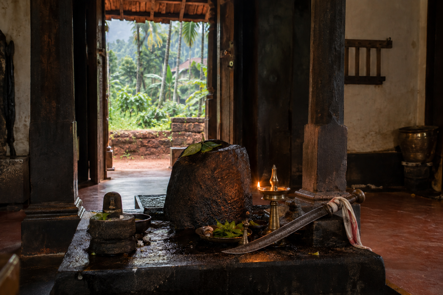 A traditional sword, oil lamp, sacred stones and fresh leaves inside a modest Malabar shrine overlooking the Eranad landscape.