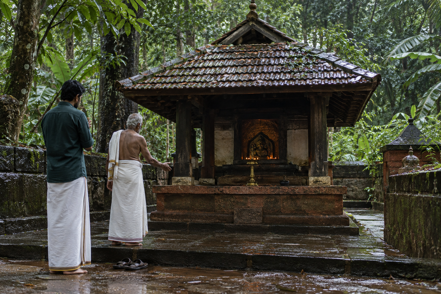 A visitor waits respectfully outside a small Malabar shrine while a local elder indicates where to stand.