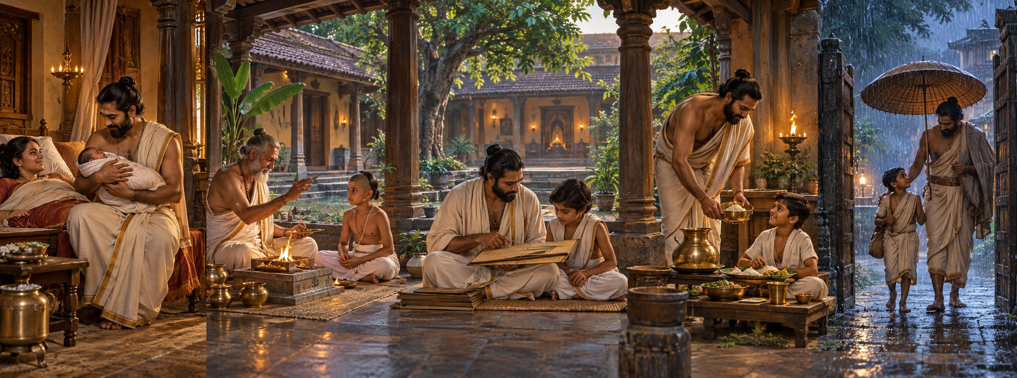 Five connected scenes show a newborn being welcomed, a child receiving ritual guidance, a pupil being taught, a meal being served, and a child being protected from rain.