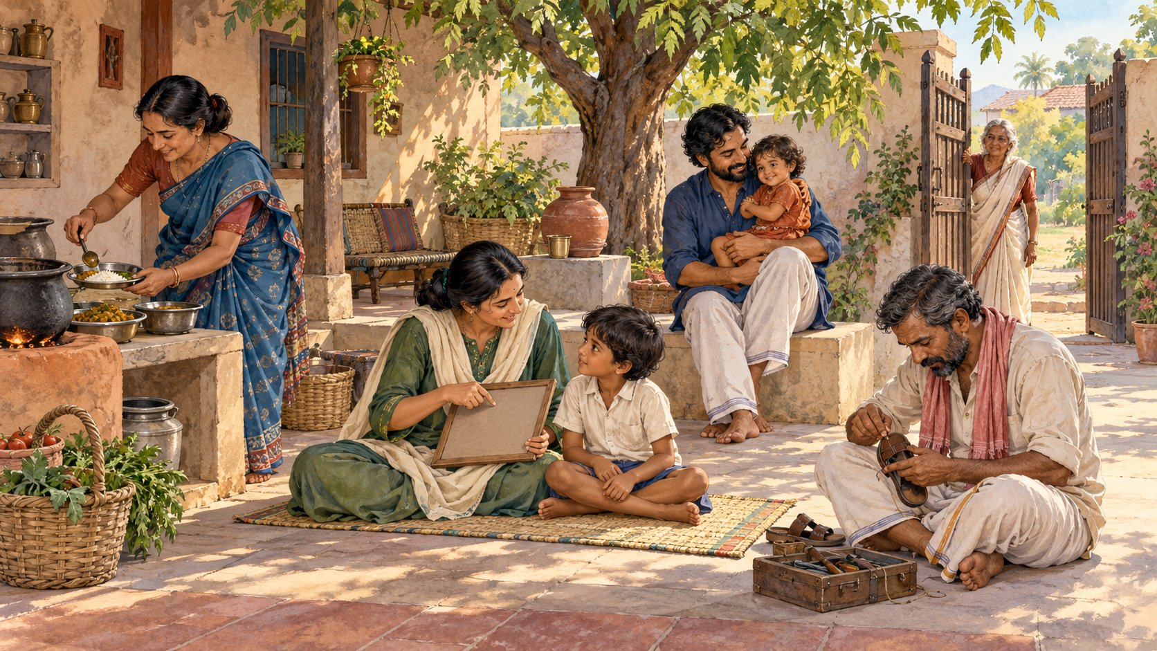 Several men in an Indian courtyard share teaching, feeding, practical care, and protective supervision of children while performing distinct roles.
