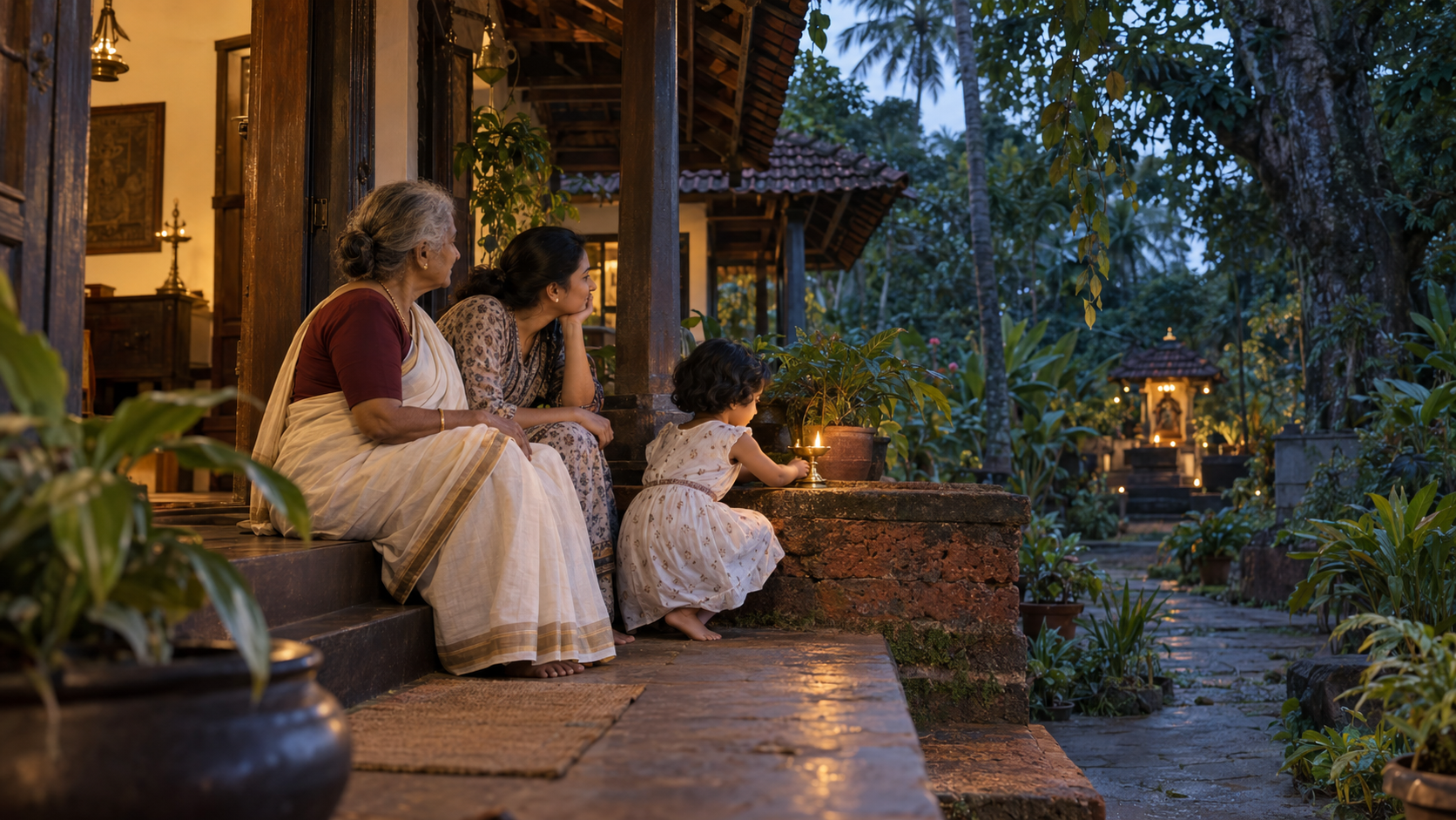 Three generations gather in a Malabar courtyard as a child places an oil lamp and a grove shrine glows in the distance.