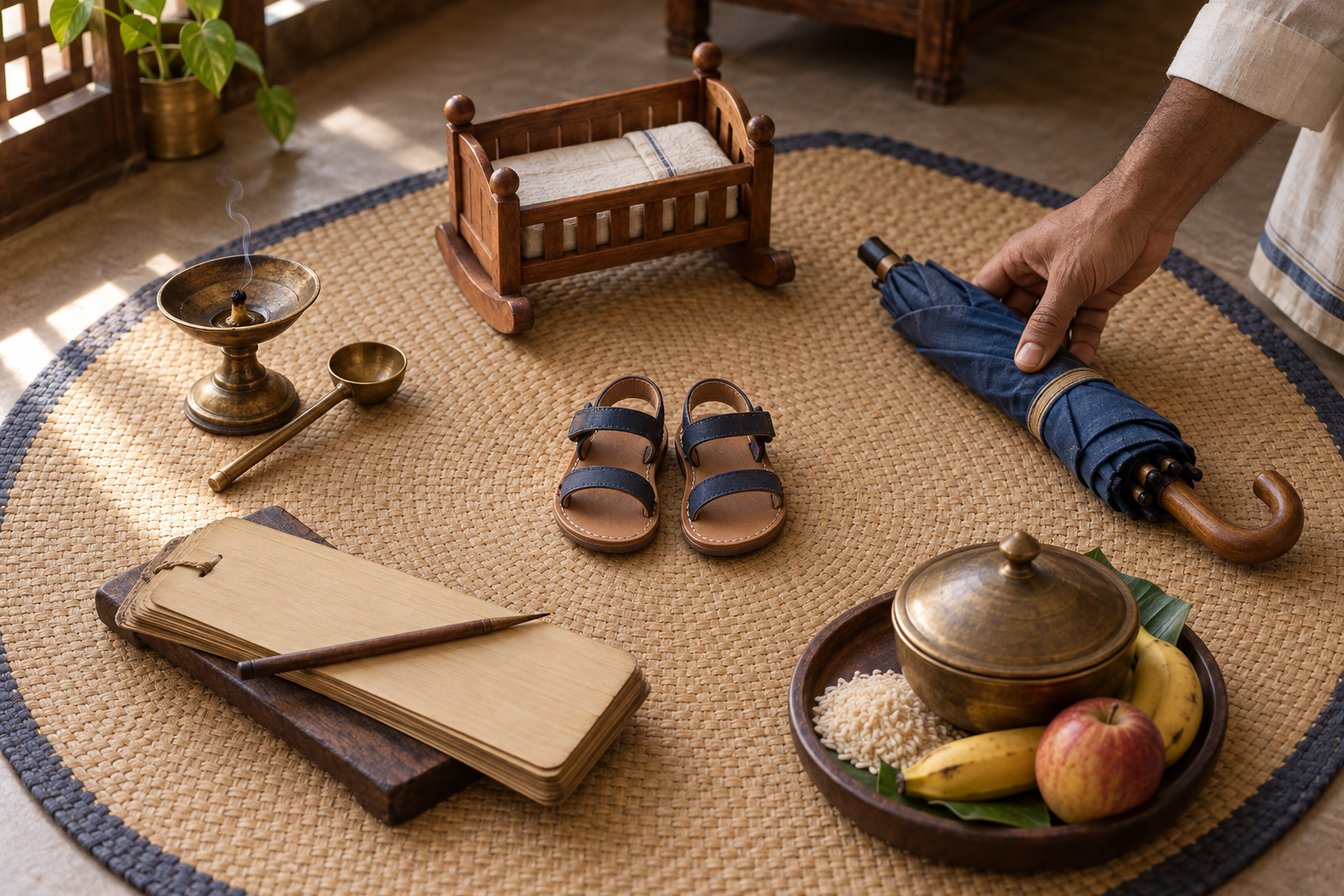Five symbolic objects for birth, initiation, education, sustenance, and protection are arranged around a child's sandals on a woven mat.