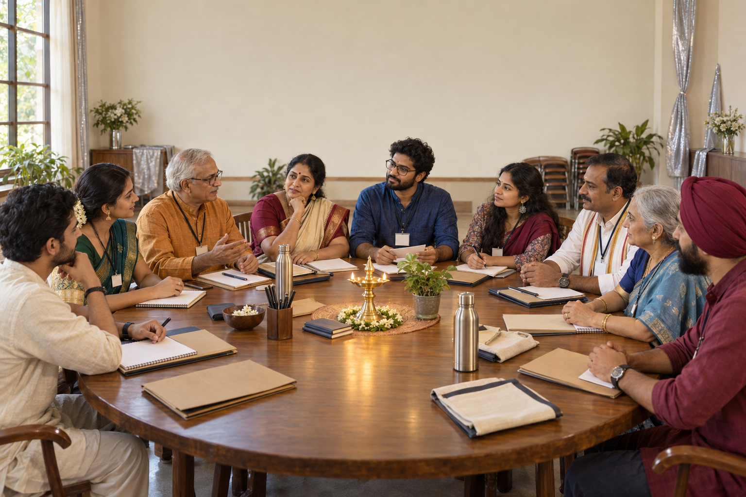 Hindu community volunteers of different ages gather around a circular table with notebooks and a brass oil lamp in an Indian community hall.