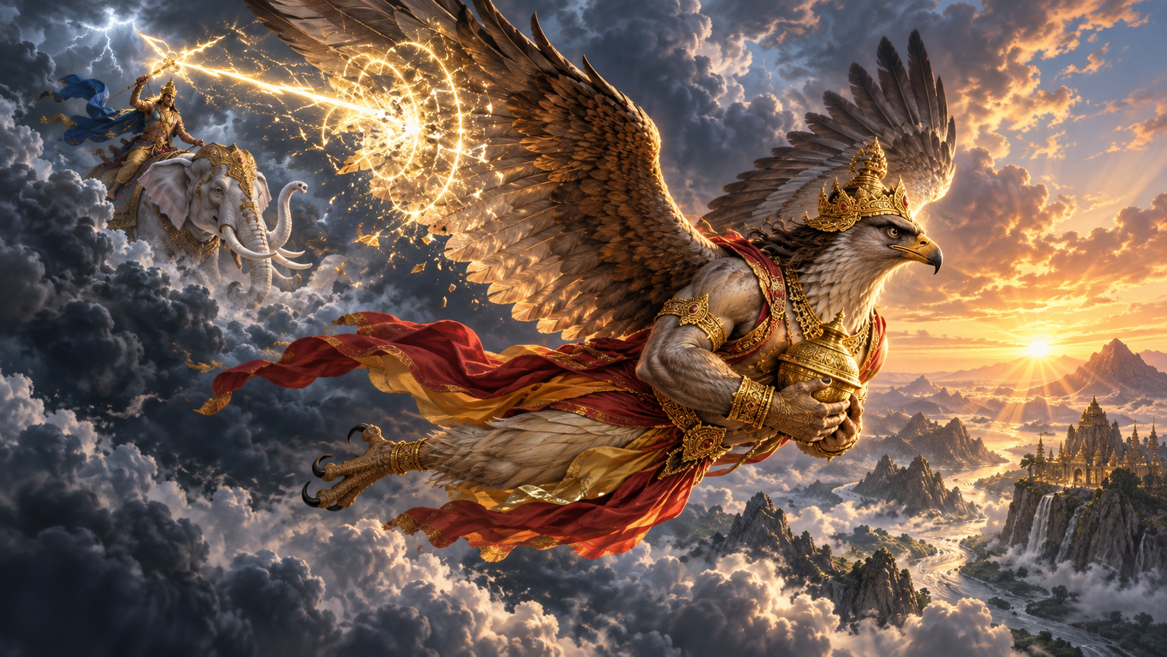 Garuda keeps flying toward a sunlit horizon with a covered vessel while the energy of Indra's vajra disperses around his wing.