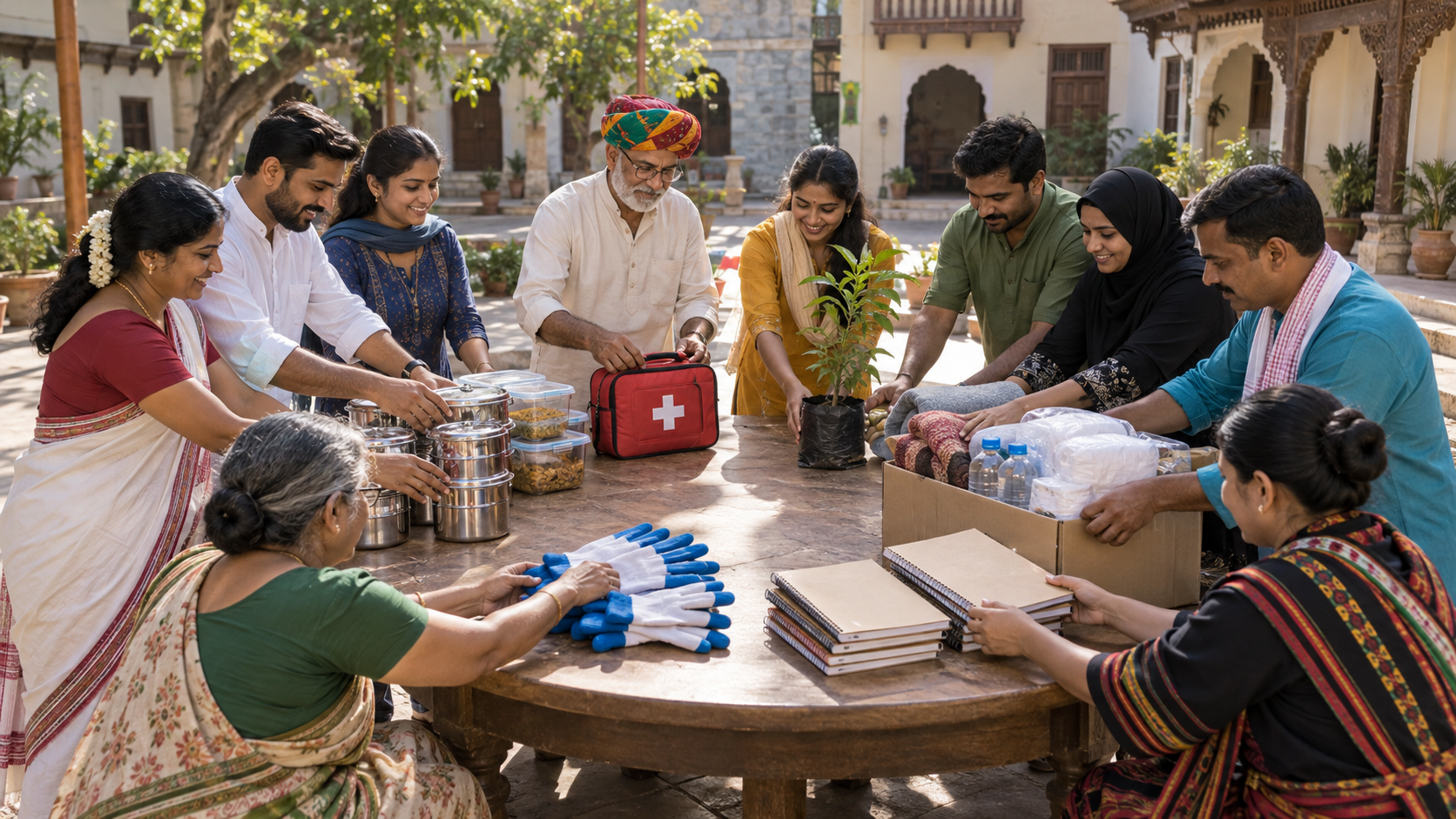 Volunteers in varied regional Indian clothing bring first-aid, food, cleaning, planting, and planning supplies to a shared courtyard workspace.