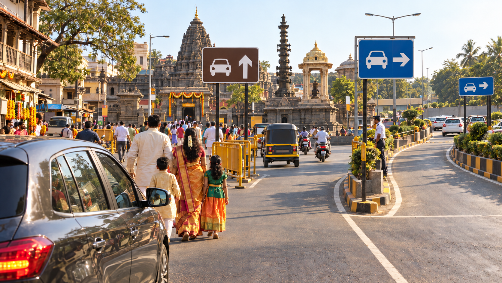 Devotees in cars approach a Kolhapur temple district junction where pictorial signs direct traffic toward a separate parking area.