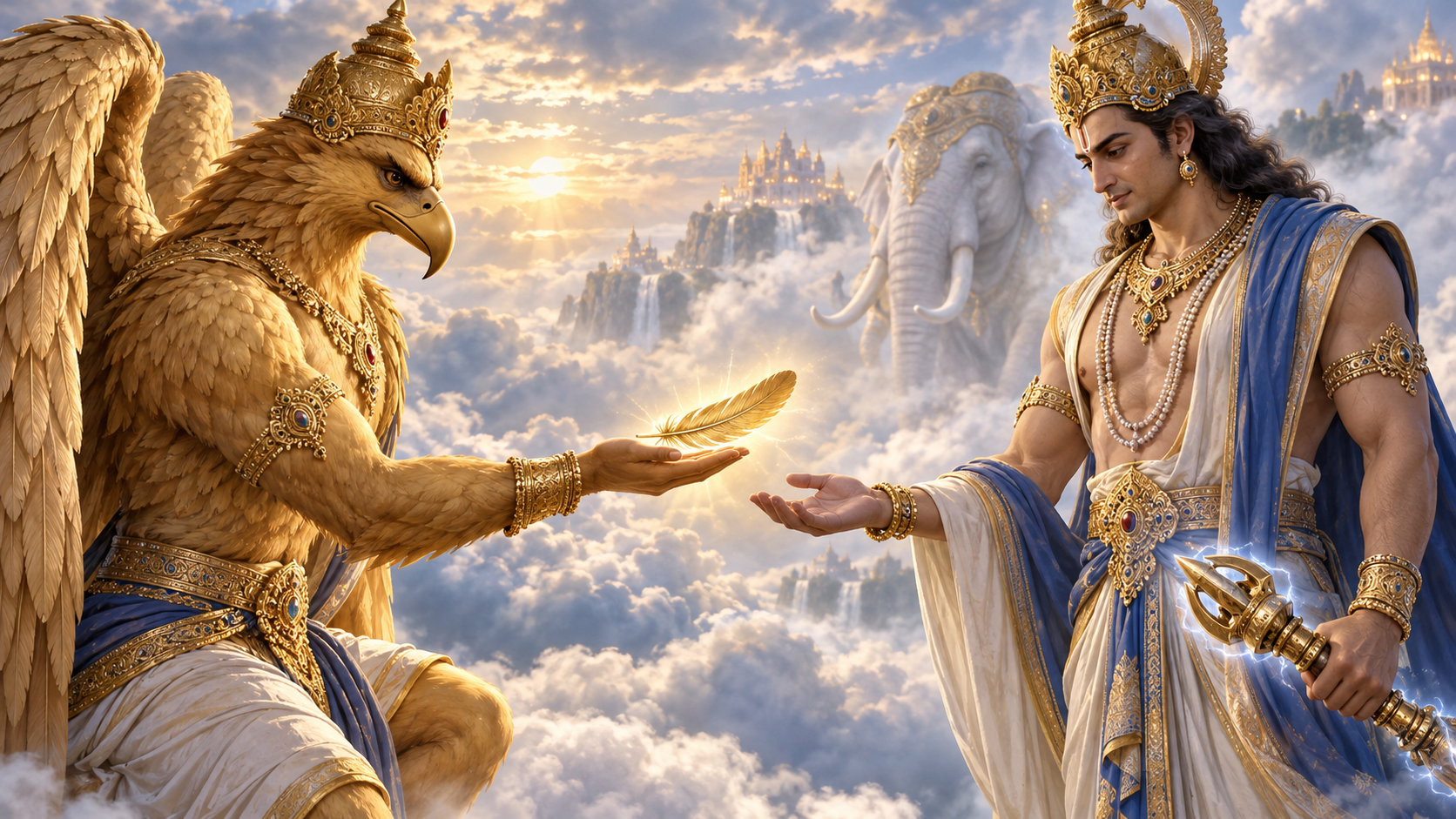 Garuda offers a single golden feather to Indra, who holds his still-glowing vajra lowered beside the mist-shrouded Airavata.