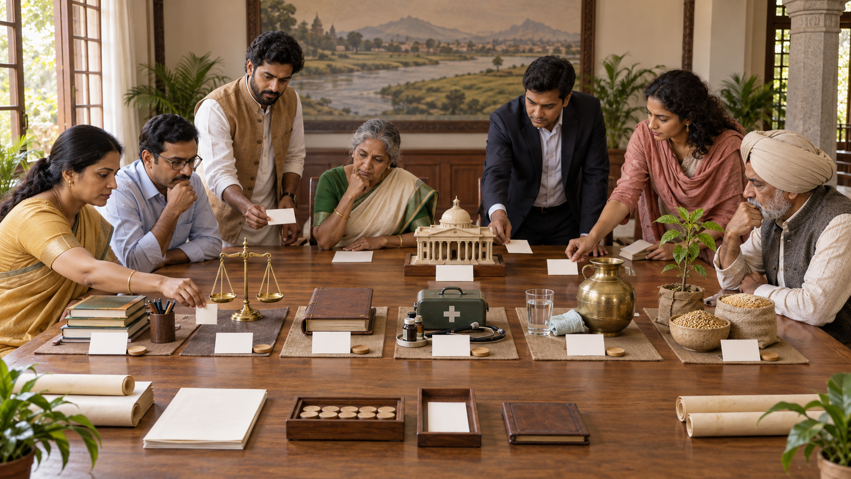 Participants arrange an unmarked civic document, balance scale, school supplies, medical kit, grain, water, and a sapling on a meeting table.