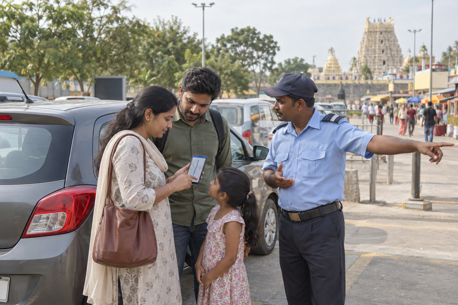 A family beside a parked car checks a map on a phone while a parking attendant points toward the temple route.
