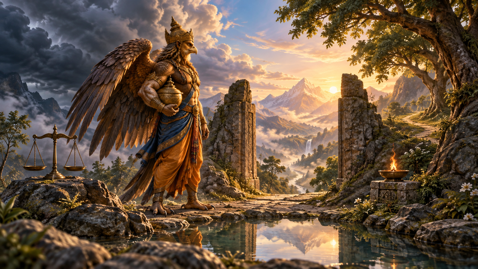 Garuda pauses before a sunlit mountain path marked by a reflecting pool, stone gateway, empty bronze scales, a small flame, and a living tree.