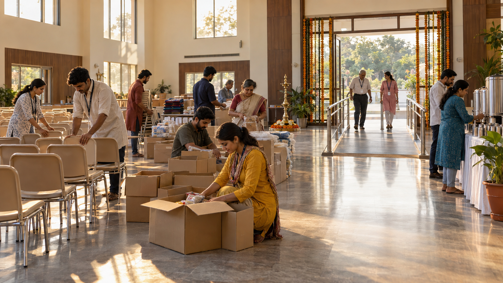 Volunteers arrange chairs, pack supplies, prepare drinking water, and check an accessible entrance before a community gathering.