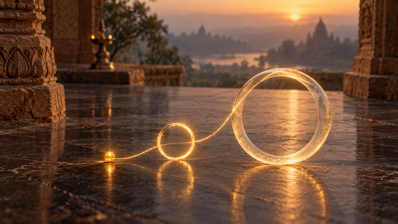 Three aligned golden forms increase from a tiny bead to a small halo and a broad ring on a dark stone surface.