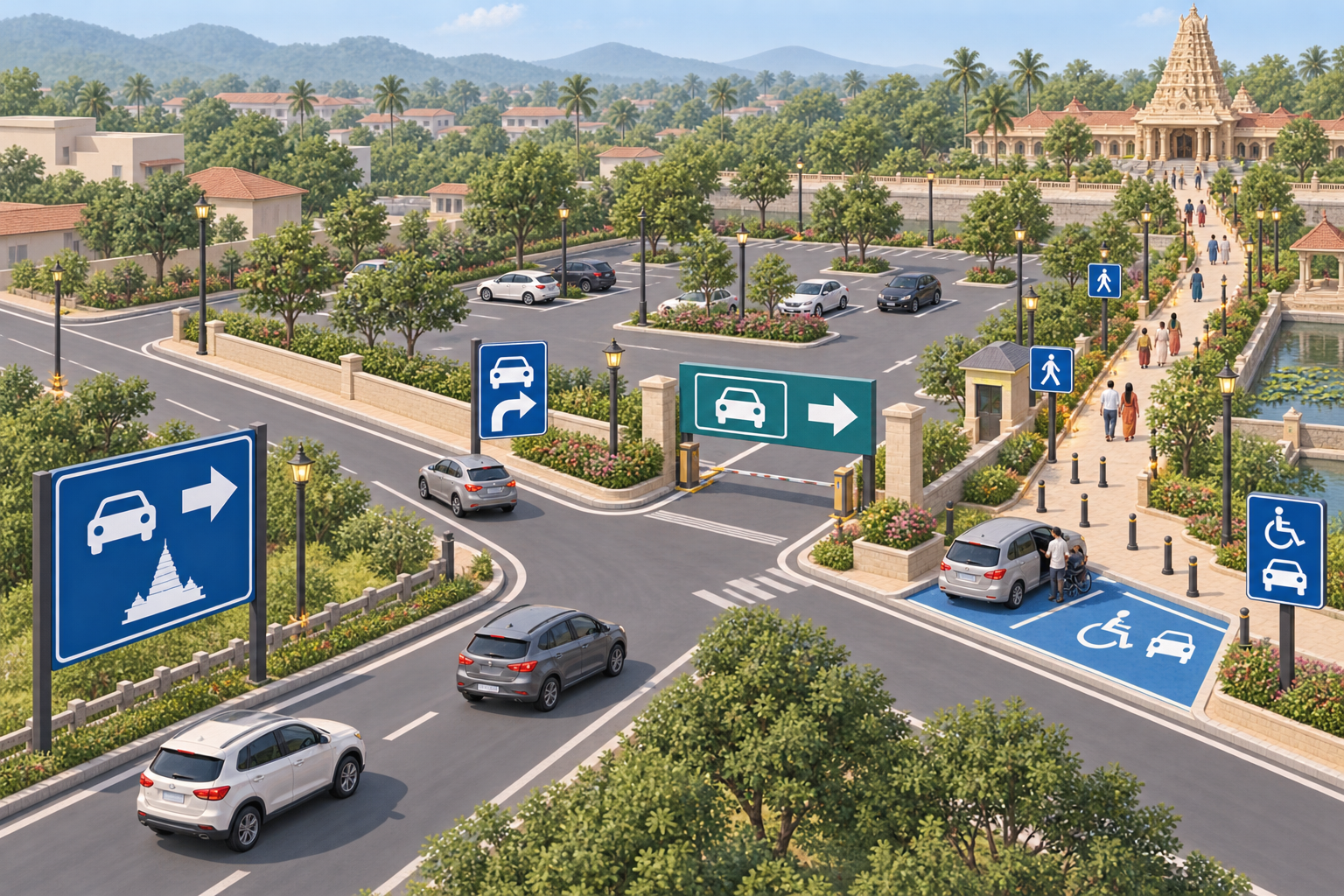 An isometric street scene shows pictorial signs guiding cars to parking and devotees along a protected walking route toward a temple.