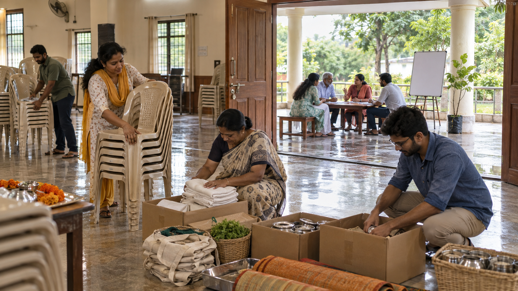 Volunteers clean an event hall while a smaller team meets on a veranda beside blank notebooks and a sapling for a future project.