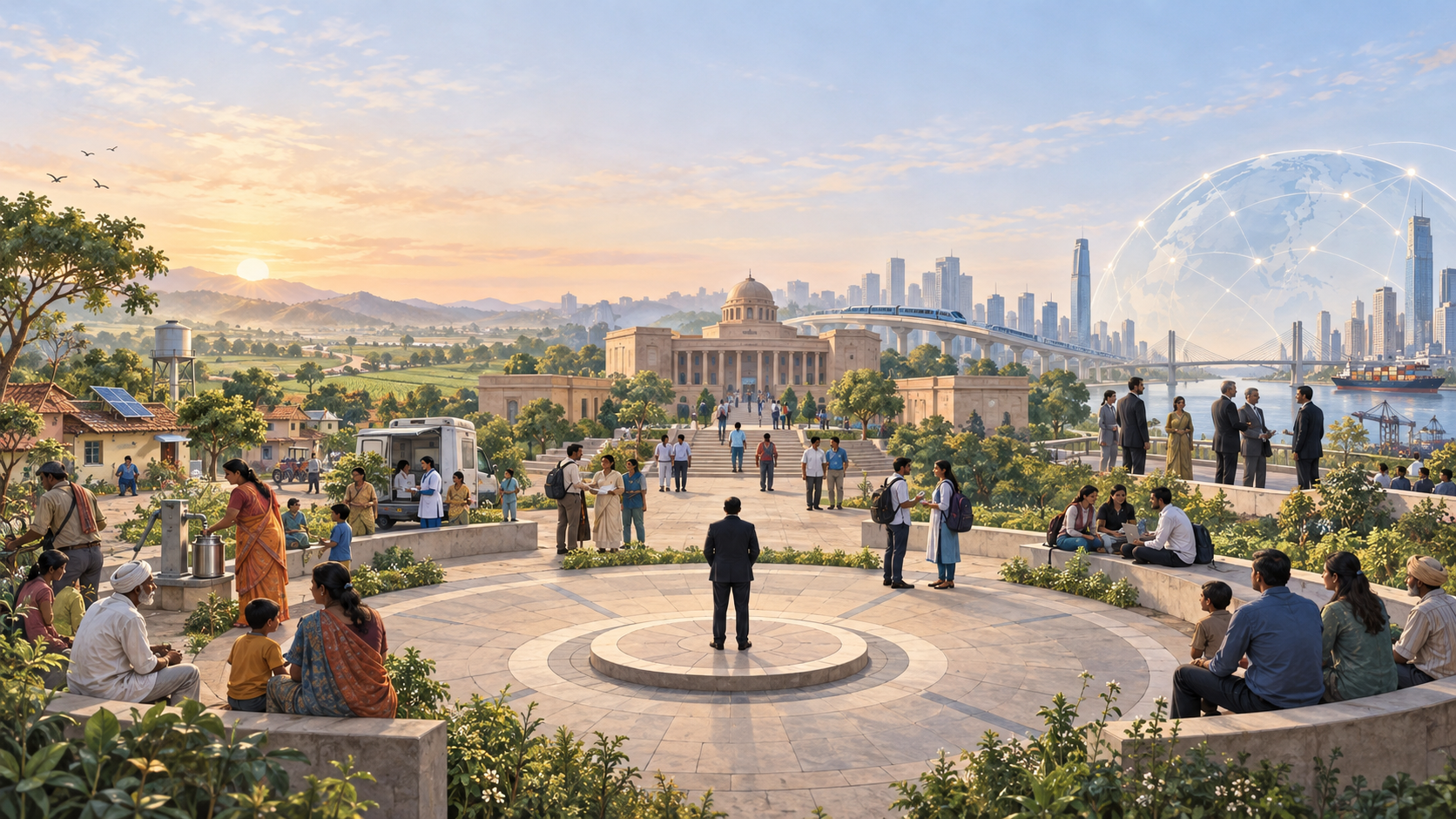 Editorial illustration of an anonymous leader in a civic plaza surrounded by Indian households, public institutions, and international connections.