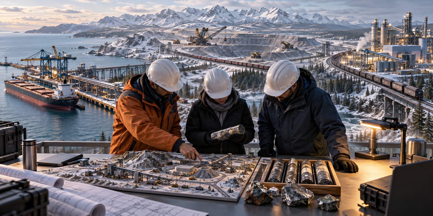 Three specialists examine ore samples and an industrial model against a composite landscape of a cargo port, processing plant, railway and northern mine.