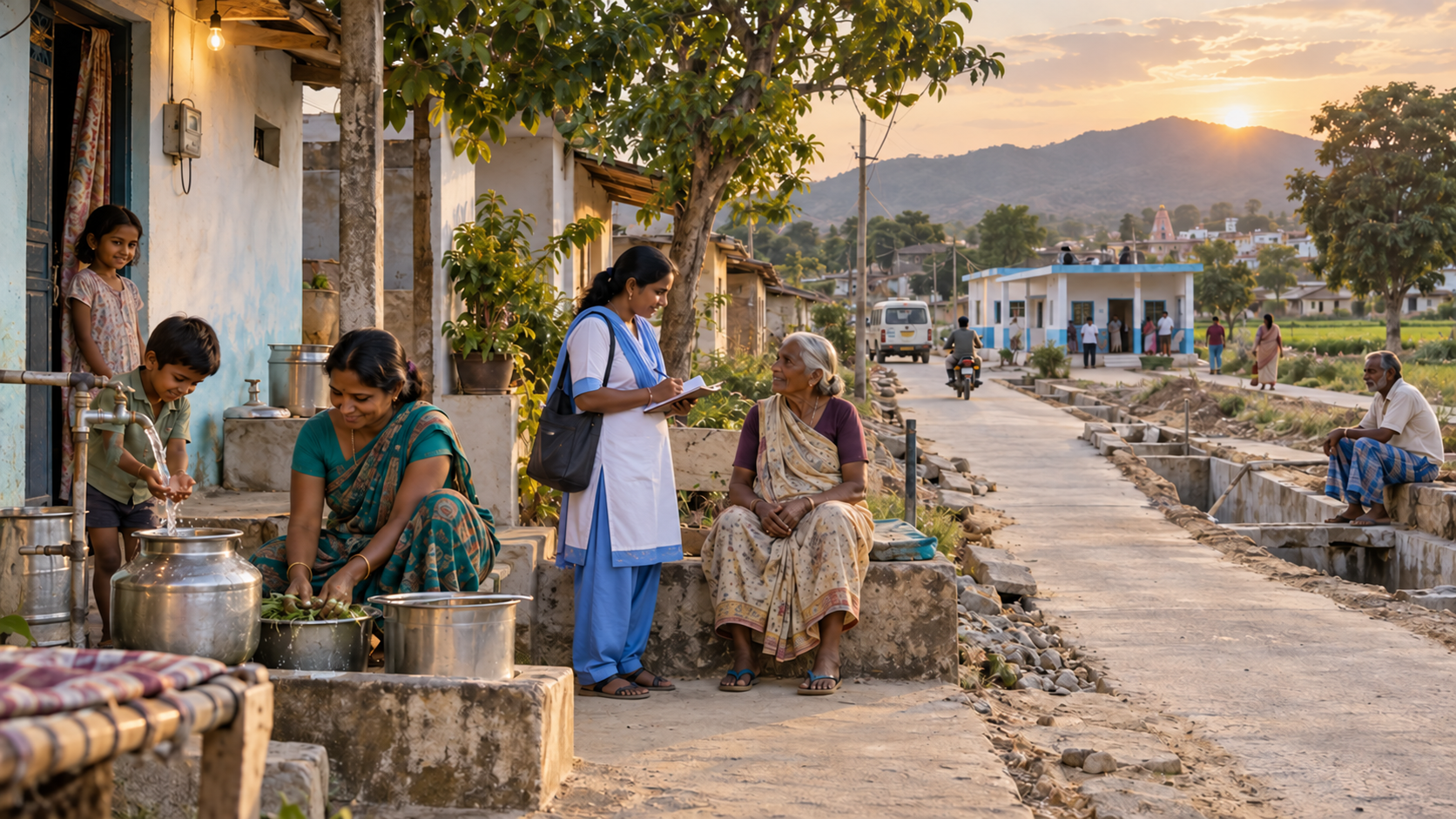 A rural Indian family uses household water and electricity as a health worker visits, with a clinic road and unfinished drain nearby.