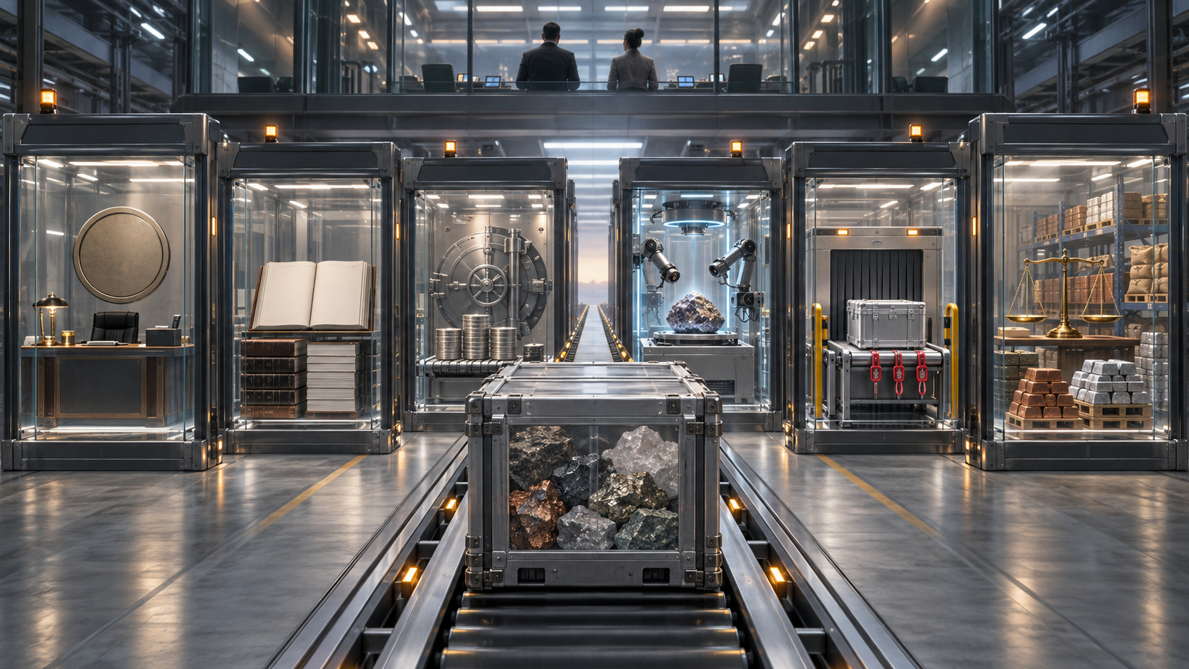 A mineral sample container passes through six transparent inspection portals in a modern industrial corridor while two observers monitor the process.