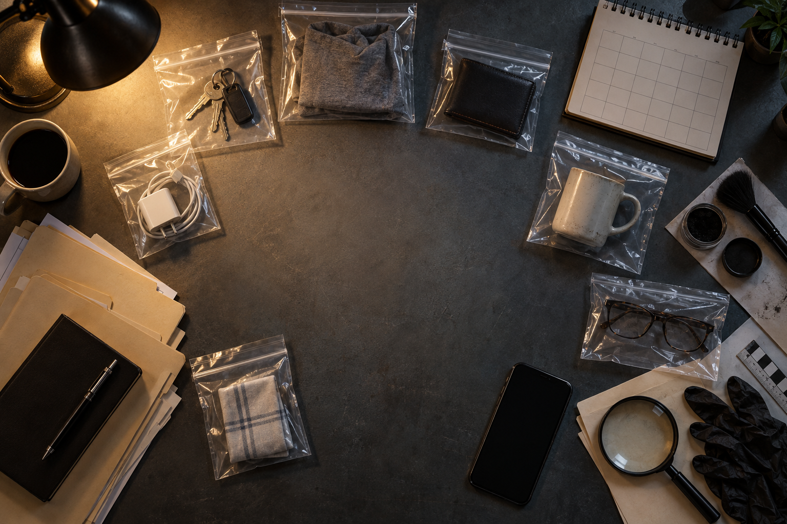 An overhead view of sealed evidence bags, a dark-screen phone, file folders, and forensic tools arranged on an investigator's desk.