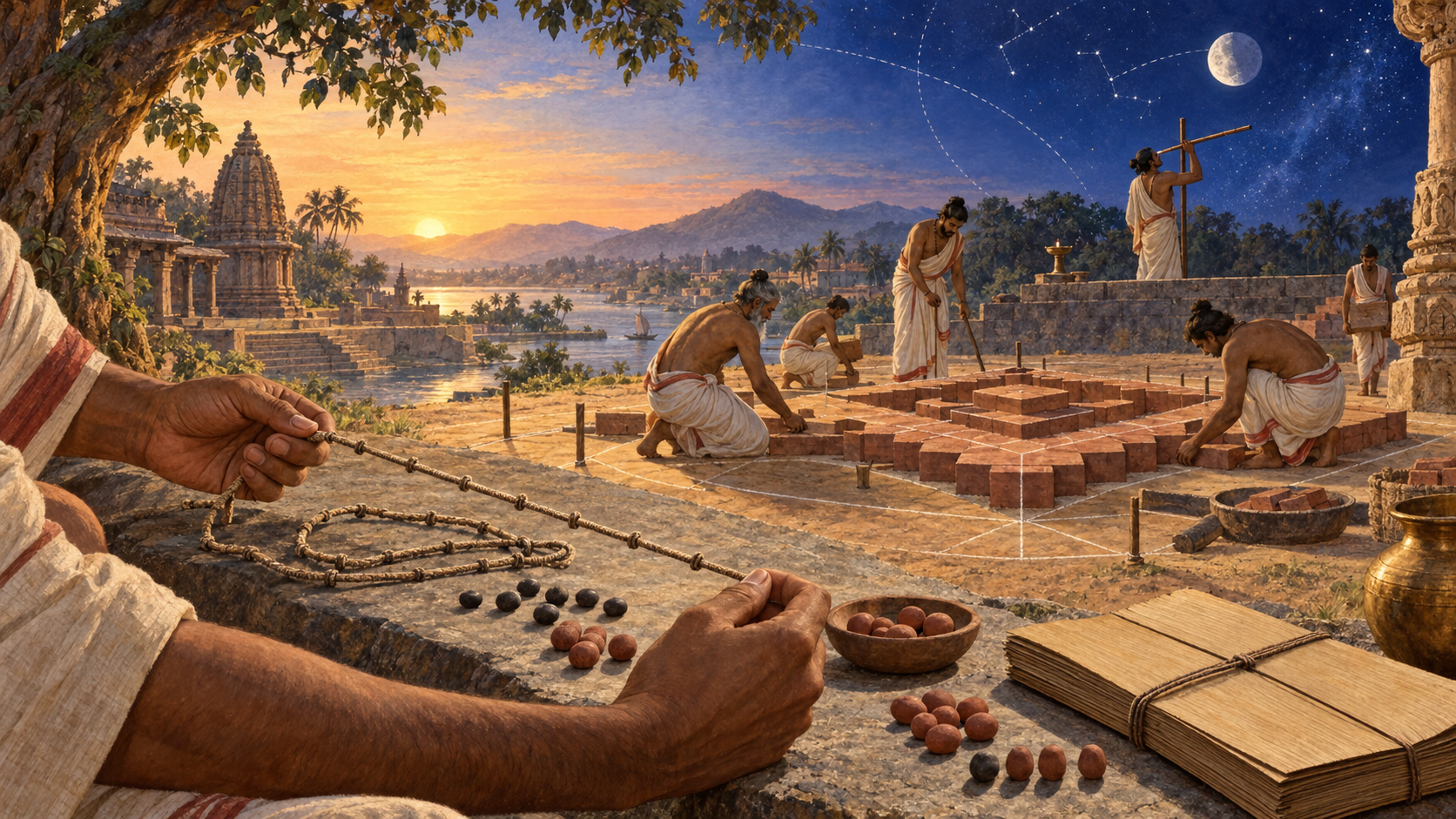An illustrated scene combines a measuring cord, clay counters, palm-leaf manuscript bundle, geometric brick altar, and an astronomer observing the sky.