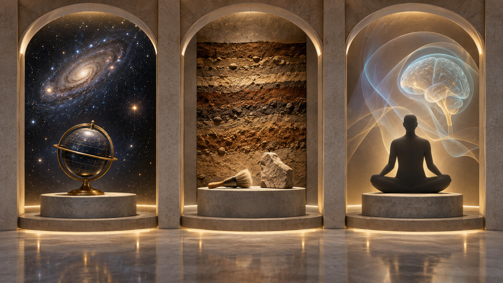 Three illuminated alcoves contain celestial, archaeological, and meditation-related objects representing different kinds of inquiry.