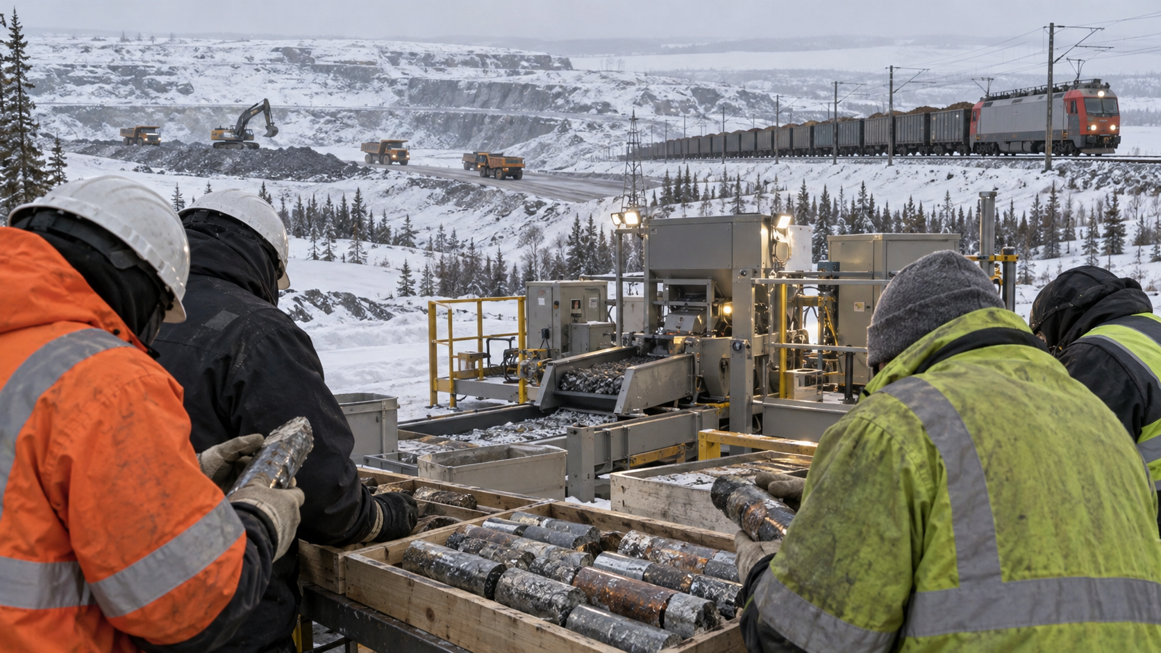 Geologists and engineers inspect metallic ore cores beside modular processing equipment, with a freight train and a remote mine in the background.