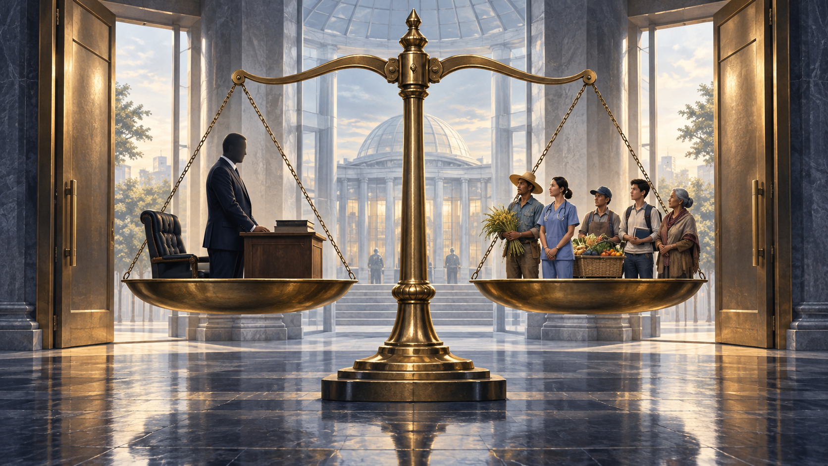 An anonymous officeholder and a diverse group of citizens stand on opposite sides of a level balance scale inside an open civic building.