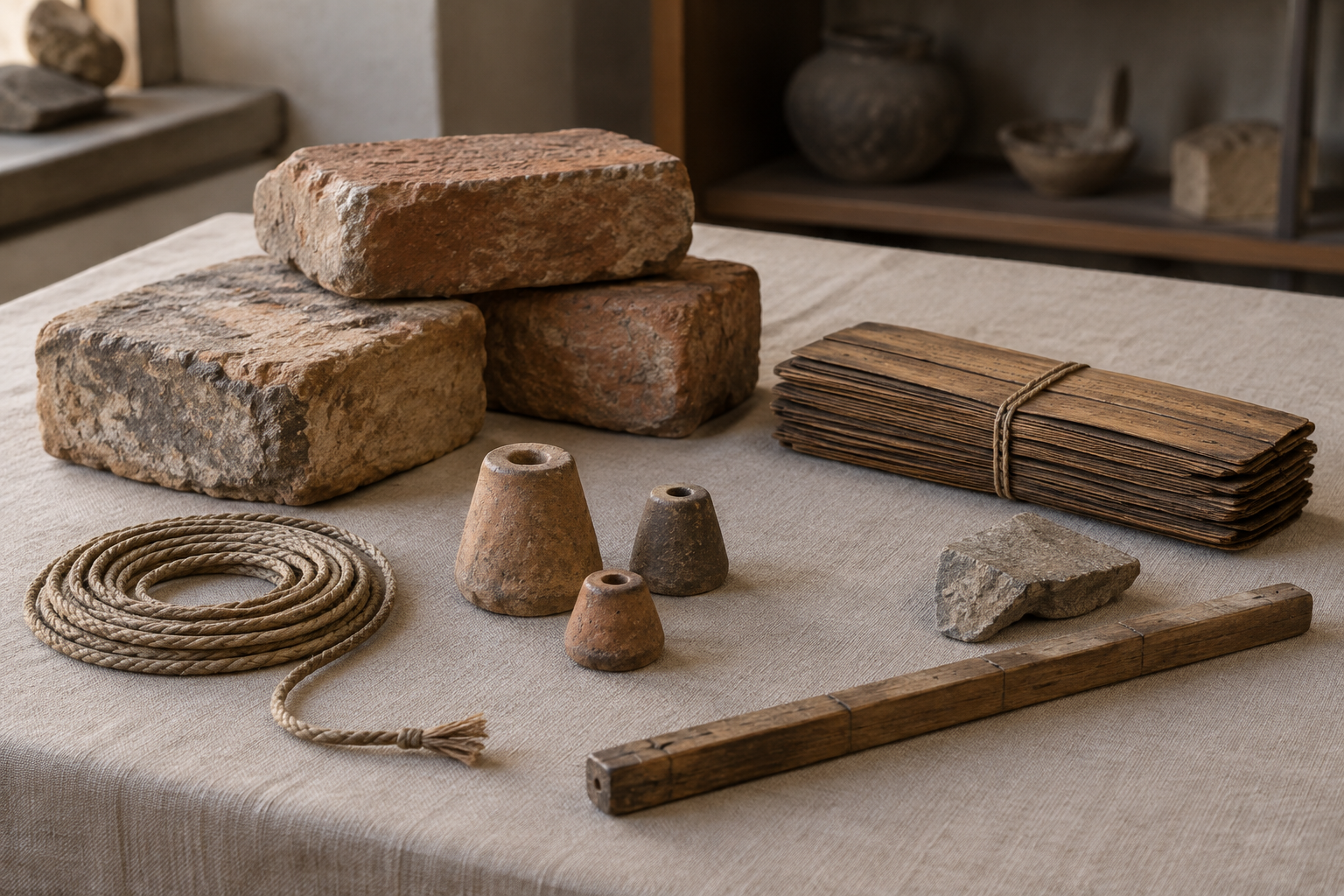 Weathered bricks, a measuring cord, terracotta weights, a wooden rod, and a closed palm-leaf manuscript bundle rest on a study table.