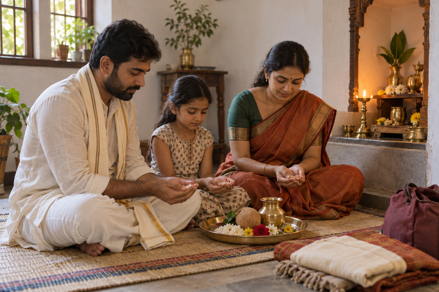 A family sits before a home shrine with a brass plate, flowers, rice, coconut and water vessel while making a prayerful intention before travel.