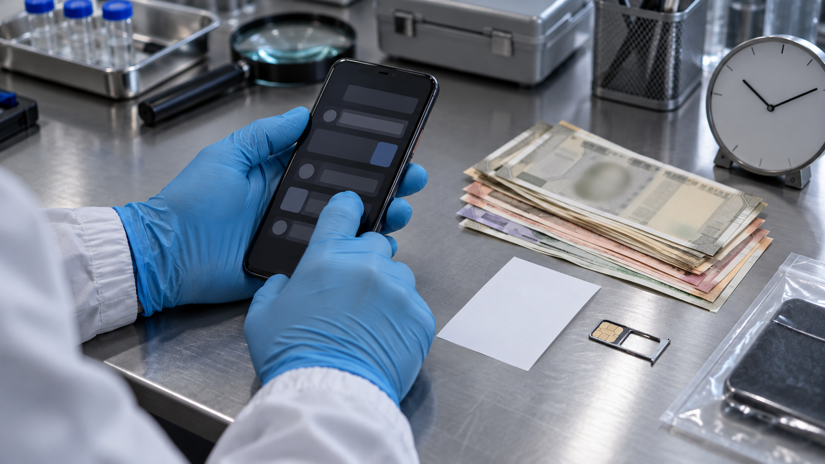 Gloved hands examine a smartphone beside Indian currency, an unmarked slip, a SIM-card tray, and a clock in a forensic workspace.